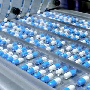 Tray of pharmaceuticals in a factory